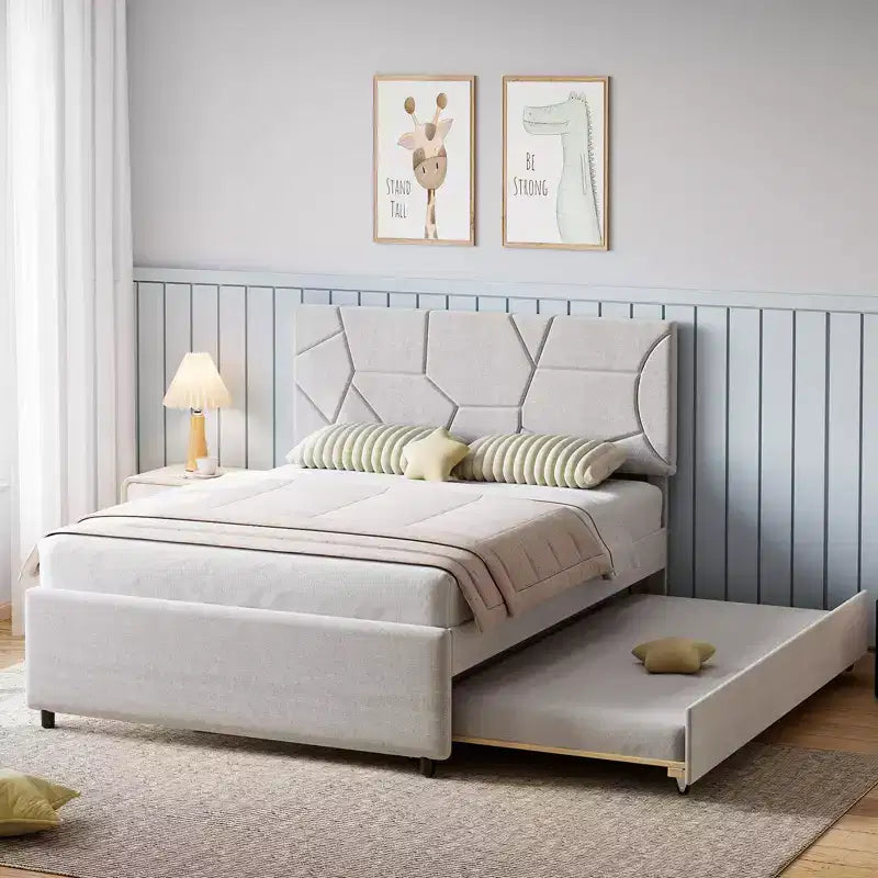 Trundle Bed Frame, Upholstered Platform Bed Frame with Pull-Out Bed, Space-Saving Design, Wood Slat Support, 500LB Capacity,White