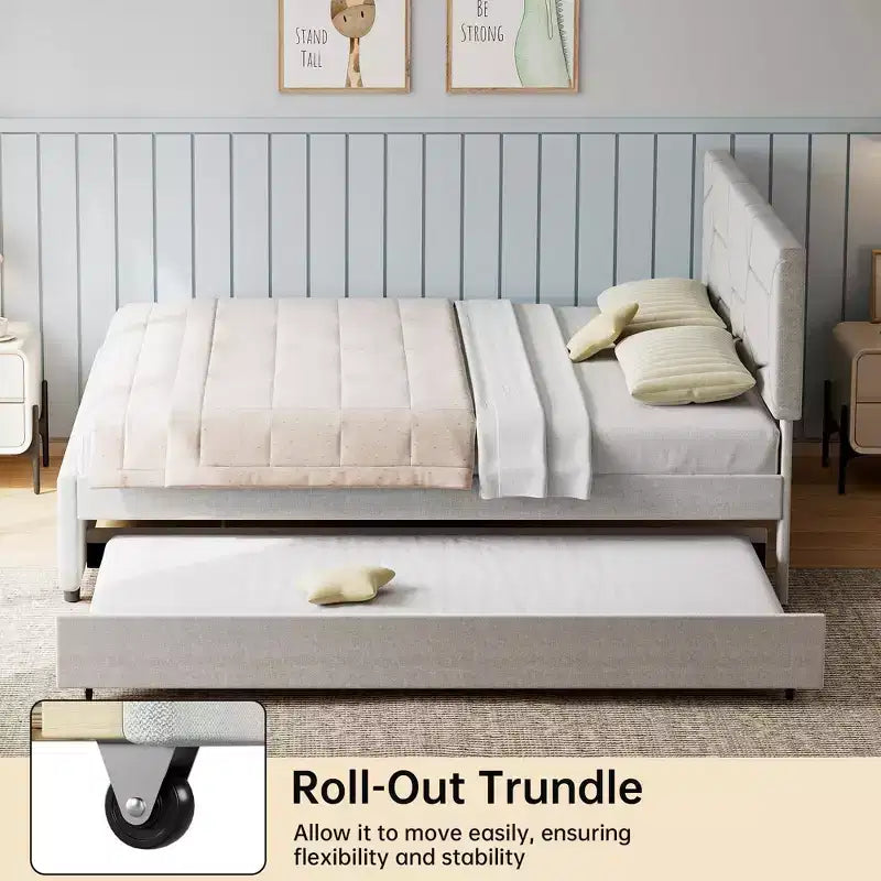 Cama nido, marco de cama tapizado con cama extraíble, diseño que ahorra espacio, soporte de listones de madera, capacidad de 500 libras, blanco