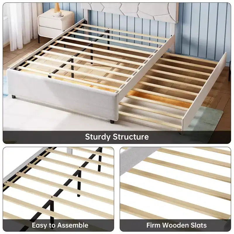 Cama nido, marco de cama tapizado con cama extraíble, diseño que ahorra espacio, soporte de listones de madera, capacidad de 500 libras, blanco