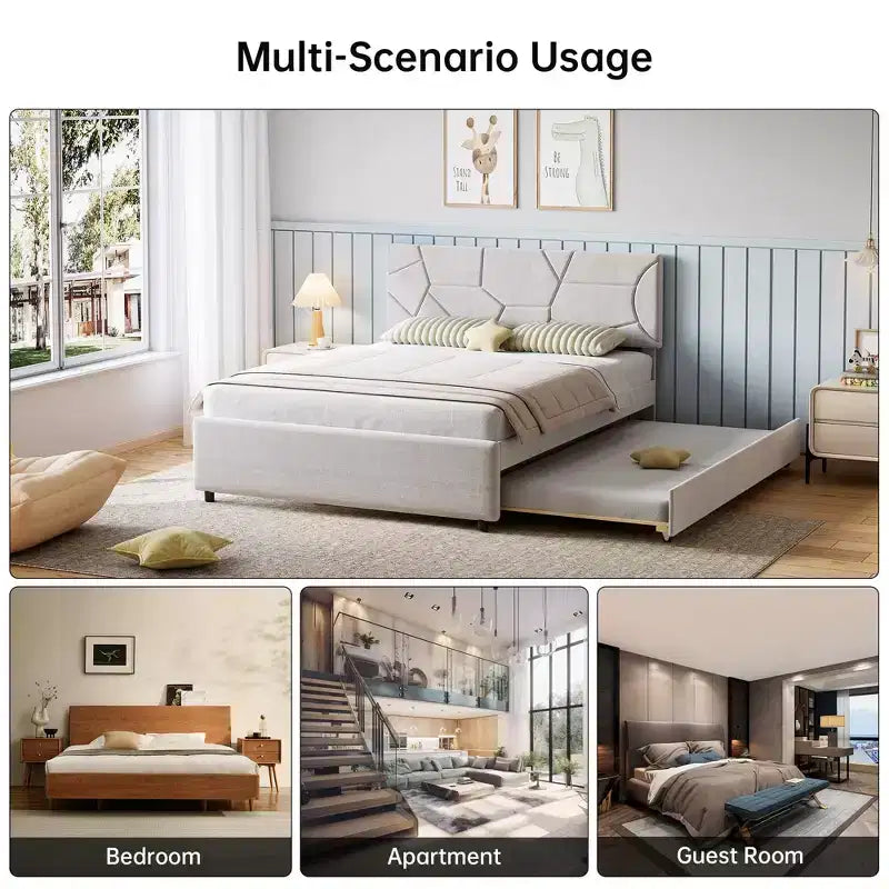 Cama nido, marco de cama tapizado con cama extraíble, diseño que ahorra espacio, soporte de listones de madera, capacidad de 500 libras, blanco