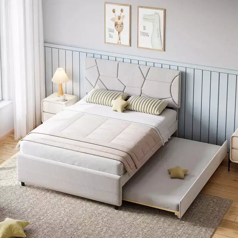 Cama nido, marco de cama tapizado con cama extraíble, diseño que ahorra espacio, soporte de listones de madera, capacidad de 500 libras, blanco