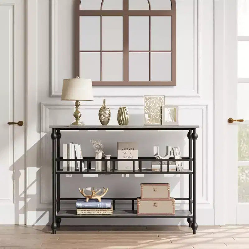 Mesa consola de 43'' con almacenamiento, mesa de entrada rústica tipo granja delgada, mesa de sofá de pasillo moderna de madera y metal con estante, mesa de entrada estrecha para sofá