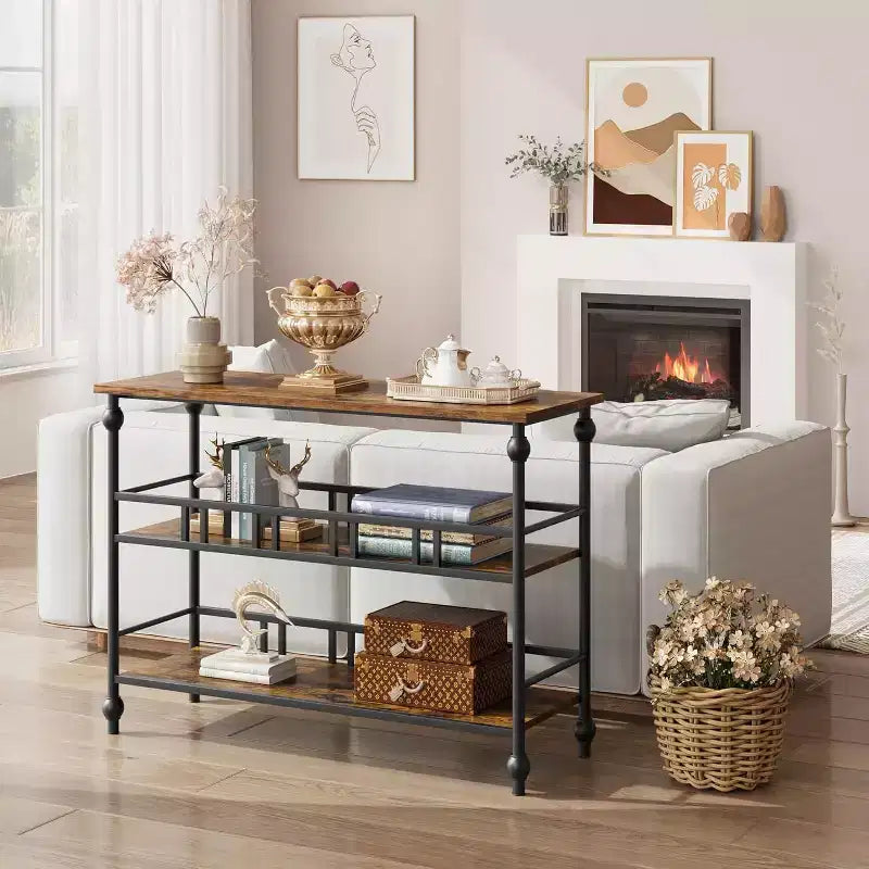 Mesa consola de 43'' con almacenamiento, mesa de entrada rústica tipo granja delgada, mesa de sofá de pasillo moderna de madera y metal con estante, mesa de entrada estrecha para sofá