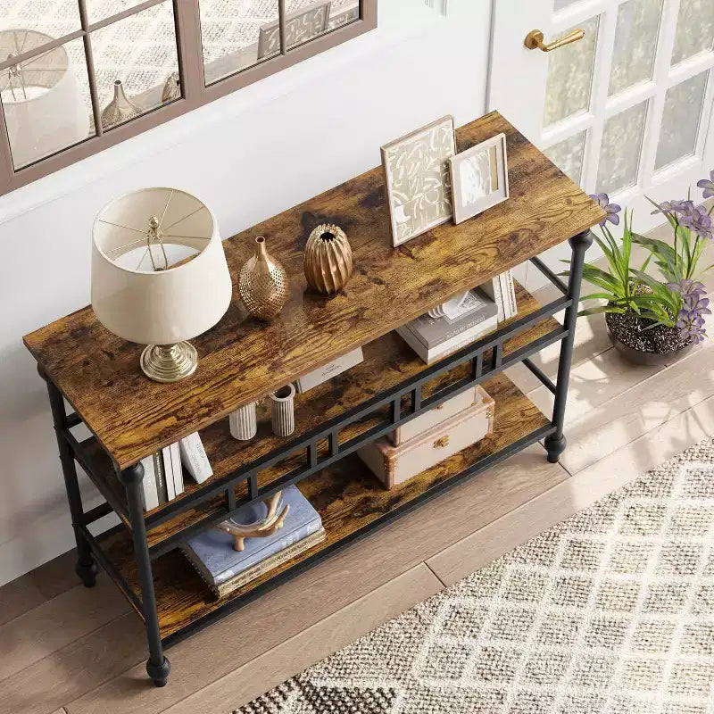 Mesa consola de 43'' con almacenamiento, mesa de entrada rústica tipo granja delgada, mesa de sofá de pasillo moderna de madera y metal con estante, mesa de entrada estrecha para sofá
