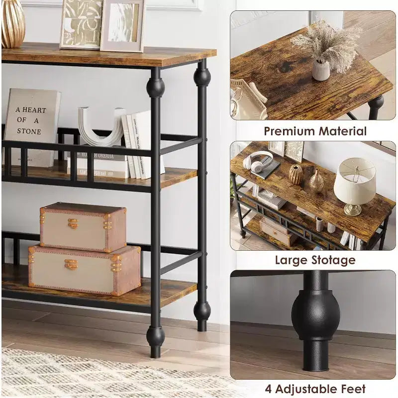 Mesa consola de 43'' con almacenamiento, mesa de entrada rústica tipo granja delgada, mesa de sofá de pasillo moderna de madera y metal con estante, mesa de entrada estrecha para sofá
