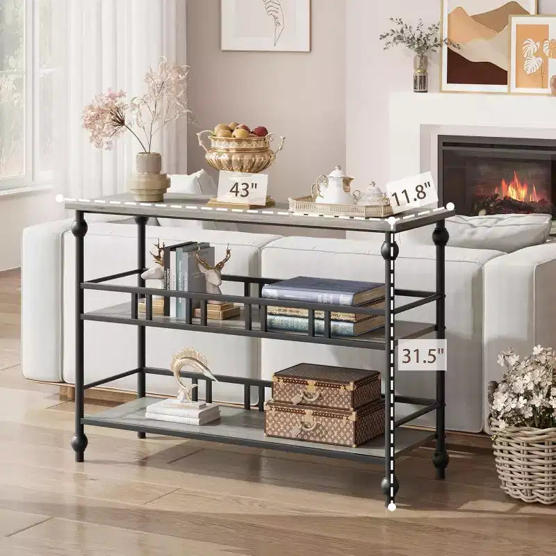 Mesa consola de 43'' con almacenamiento, mesa de entrada rústica tipo granja delgada, mesa de sofá de pasillo moderna de madera y metal con estante, mesa de entrada estrecha para sofá