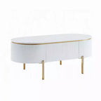 Mesa de centro ovalada Royal Hampton con cajón, 47 pulgadas, blanco brillante, metal dorado