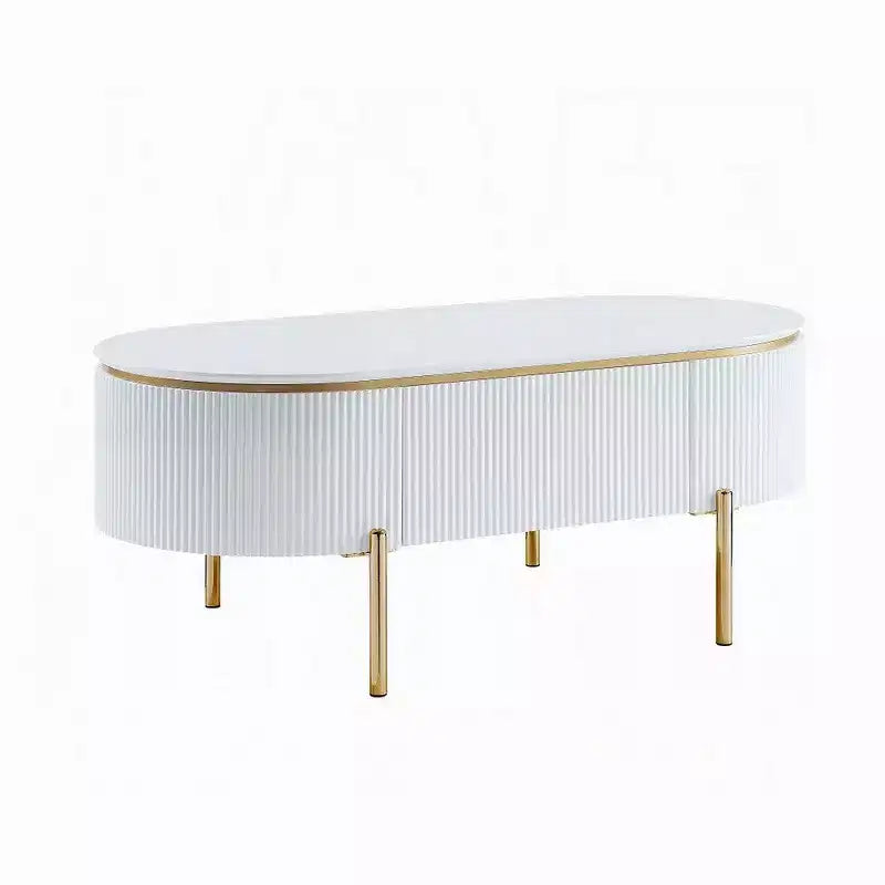 Mesa de centro ovalada Royal Hampton con cajón, 47 pulgadas, blanco brillante, metal dorado