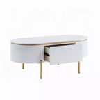 Mesa de centro ovalada Royal Hampton con cajón, 47 pulgadas, blanco brillante, metal dorado