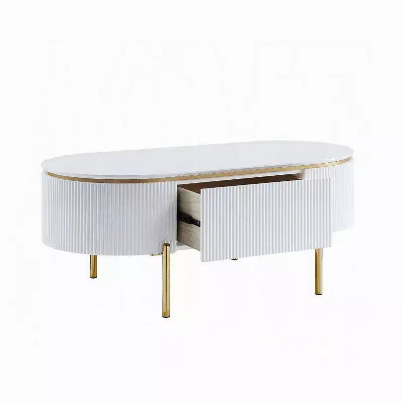 Mesa de centro ovalada Royal Hampton con cajón, 47 pulgadas, blanco brillante, metal dorado