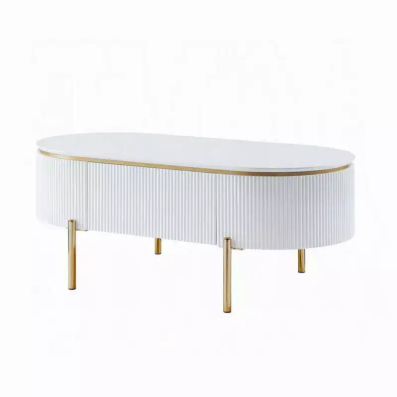 Mesa de centro ovalada Royal Hampton con cajón, 47 pulgadas, blanco brillante, metal dorado