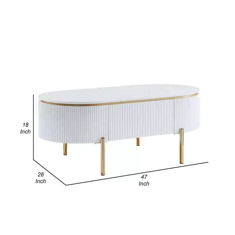 Mesa de centro ovalada Royal Hampton con cajón, 47 pulgadas, blanco brillante, metal dorado
