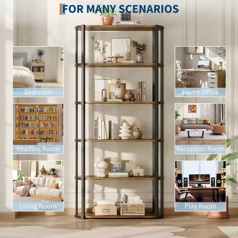 Estantería alta industrial de 6 niveles, librería grande abierta con estructura de metal, estantería de almacenamiento de madera independiente para dormitorio, sala de estar, oficina en casa, marrón y negro