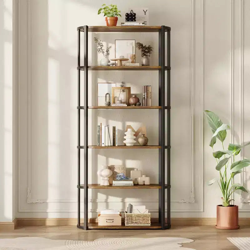 Estantería alta industrial de 6 niveles, librería grande abierta con estructura de metal, estantería de almacenamiento de madera independiente para dormitorio, sala de estar, oficina en casa, marrón y negro