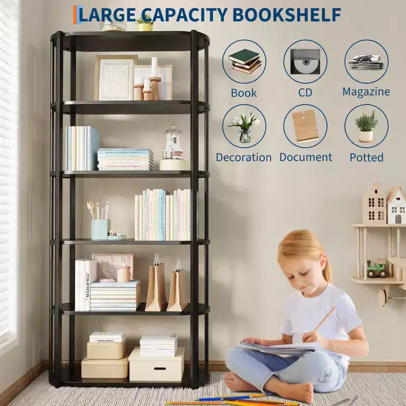 Estantería alta industrial de 6 niveles, librería grande abierta con estructura de metal, estantería de almacenamiento de madera independiente para dormitorio, sala de estar, oficina en casa, marrón y negro