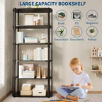 Estantería alta industrial de 6 niveles, librería grande abierta con estructura de metal, estantería de almacenamiento de madera independiente para dormitorio, sala de estar, oficina en casa, marrón y negro