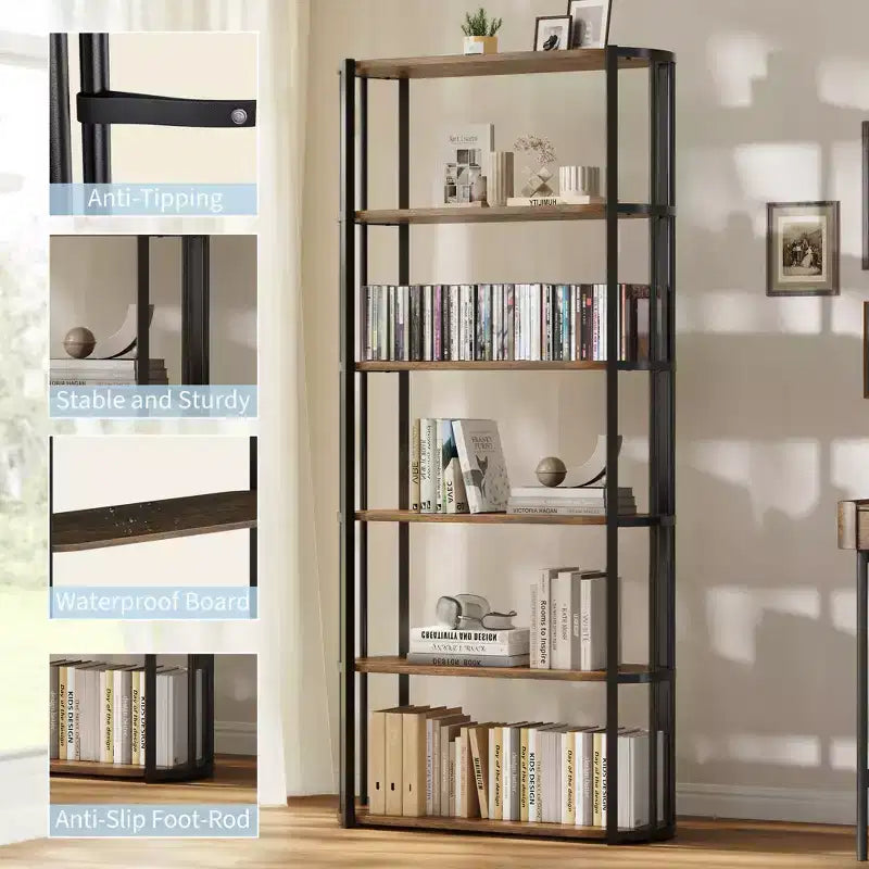 Estantería alta industrial de 6 niveles, librería grande abierta con estructura de metal, estantería de almacenamiento de madera independiente para dormitorio, sala de estar, oficina en casa, marrón y negro