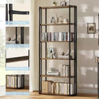 Estantería alta industrial de 6 niveles, librería grande abierta con estructura de metal, estantería de almacenamiento de madera independiente para dormitorio, sala de estar, oficina en casa, marrón y negro