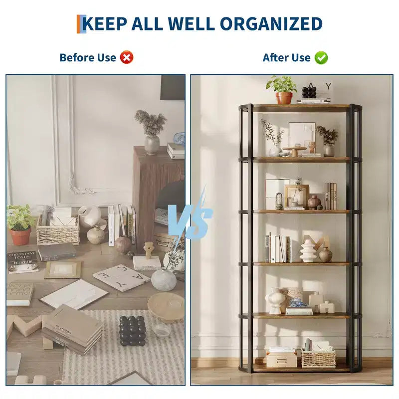 Estantería alta industrial de 6 niveles, librería grande abierta con estructura de metal, estantería de almacenamiento de madera independiente para dormitorio, sala de estar, oficina en casa, marrón y negro
