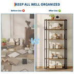 Estantería alta industrial de 6 niveles, librería grande abierta con estructura de metal, estantería de almacenamiento de madera independiente para dormitorio, sala de estar, oficina en casa, marrón y negro