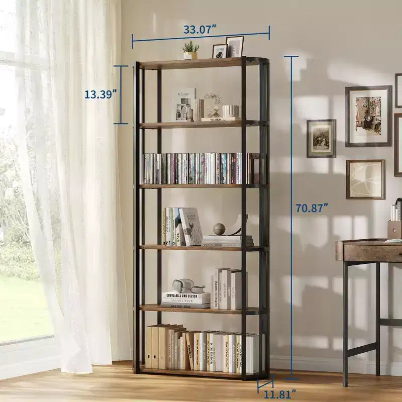 Estantería alta industrial de 6 niveles, librería grande abierta con estructura de metal, estantería de almacenamiento de madera independiente para dormitorio, sala de estar, oficina en casa, marrón y negro