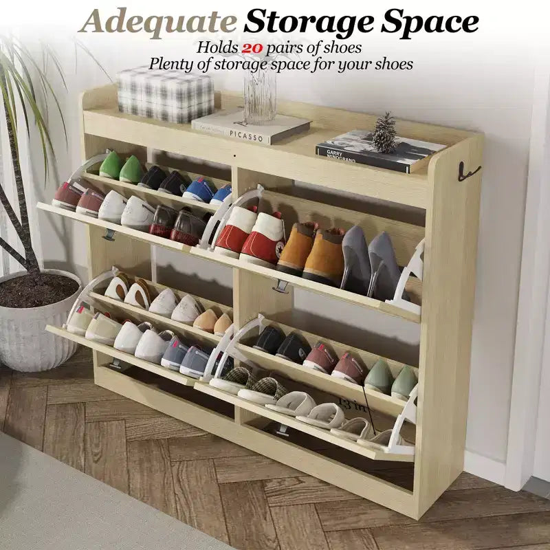 GustoWave Zapatero Grande con 4 Cajones Abatibles, con Ganchos y Almacenamiento, Organizador de Zapatos Oculto para Recibidor, Pasillo, Sala de Estar