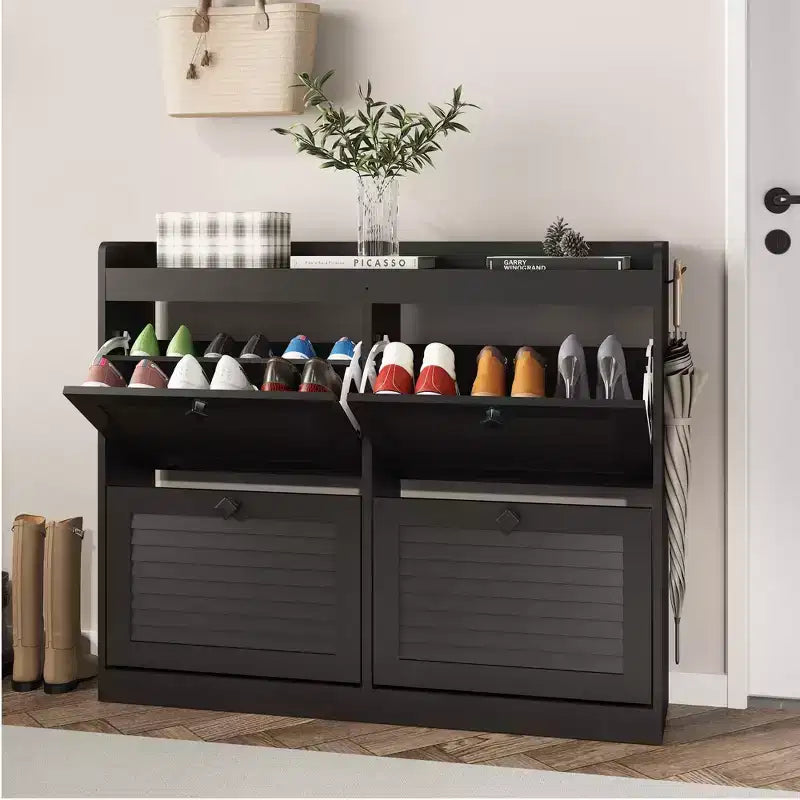 GustoWave Zapatero Grande con 4 Cajones Abatibles, con Ganchos y Almacenamiento, Organizador de Zapatos Oculto para Recibidor, Pasillo, Sala de Estar