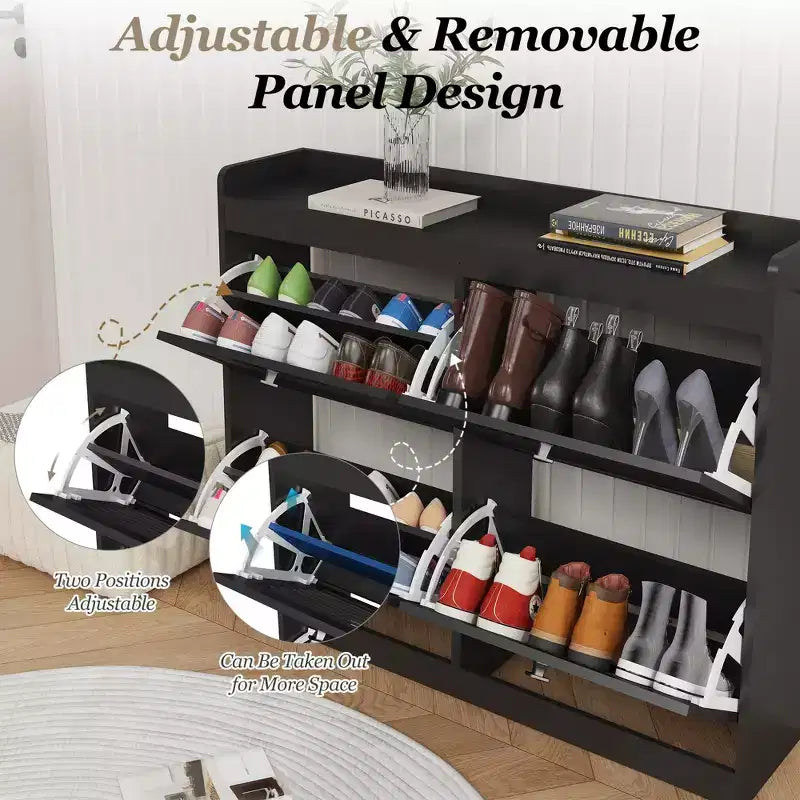 GustoWave Zapatero Grande con 4 Cajones Abatibles, con Ganchos y Almacenamiento, Organizador de Zapatos Oculto para Recibidor, Pasillo, Sala de Estar