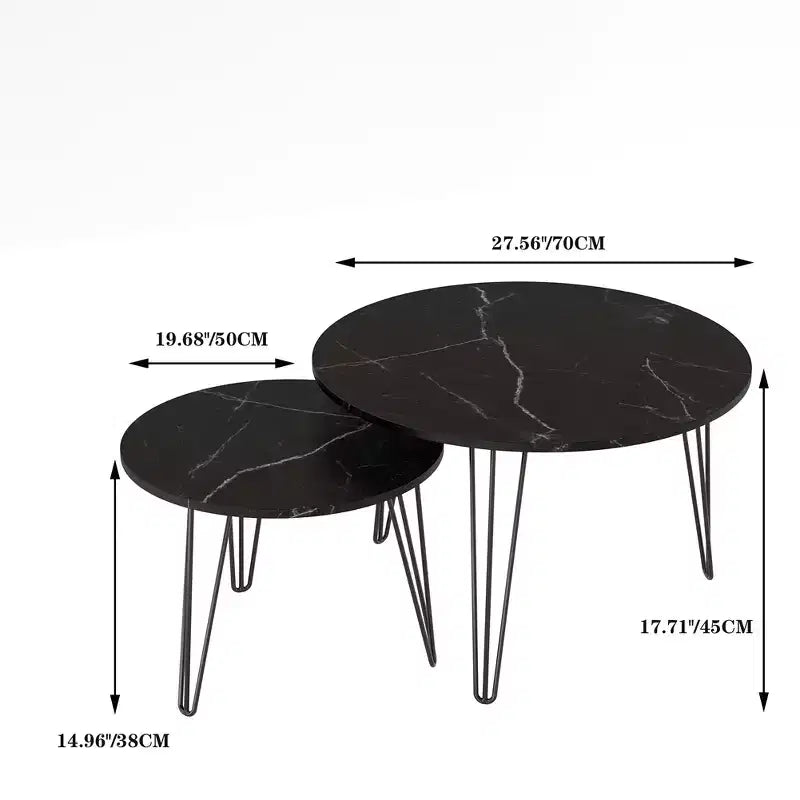 Juego de 2 mesas auxiliares nido redondas modernas, con una tapa redonda con textura de mármol y una base de metal resistente. Adecuadas para salas de estar y dormitorios.