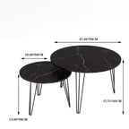 Juego de 2 mesas auxiliares nido redondas modernas, con una tapa redonda con textura de mármol y una base de metal resistente. Adecuadas para salas de estar y dormitorios.