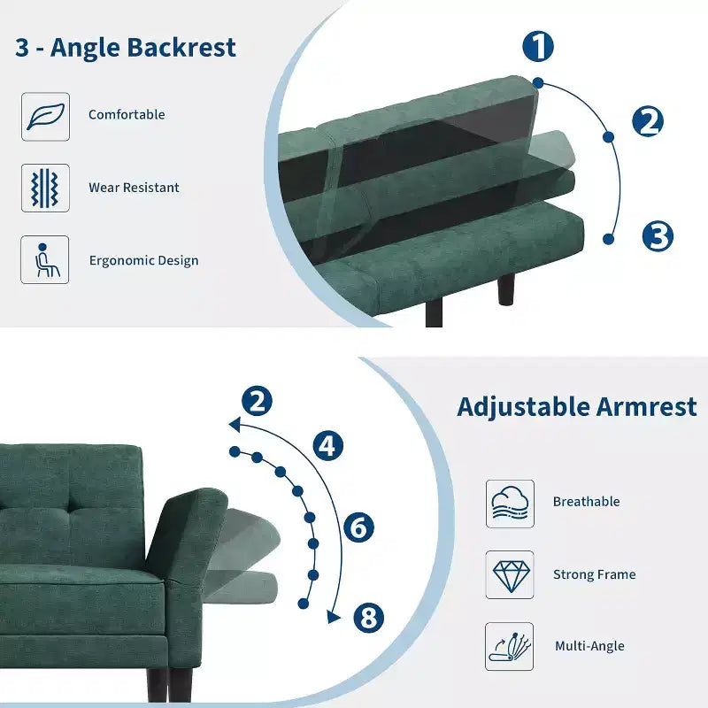 Sofá cama futón 89, sofá cama moderno con respaldo y reposabrazos ajustables, sofá cama futón convertible con 2 almohadas para la oficina en casa