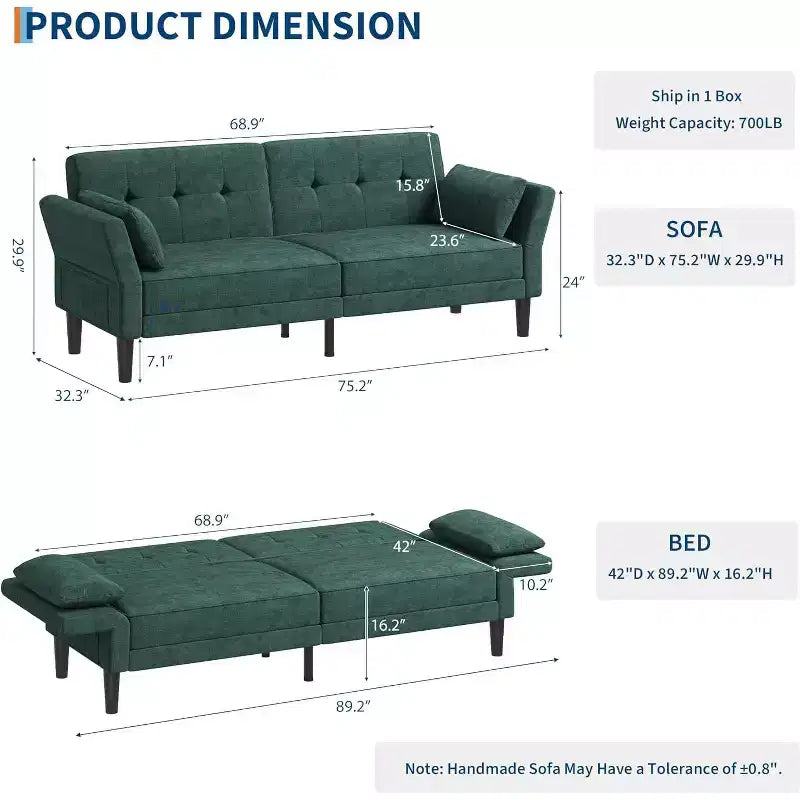 Sofá cama futón 89, sofá cama moderno con respaldo y reposabrazos ajustables, sofá cama futón convertible con 2 almohadas para la oficina en casa
