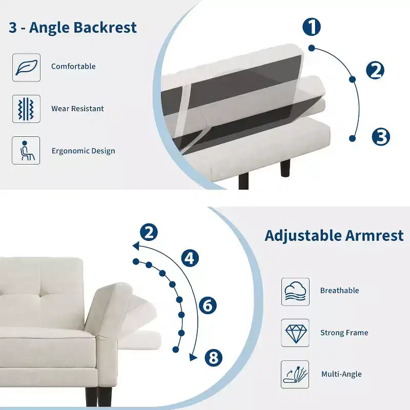 Sofá cama futón 89, sofá cama moderno con respaldo y reposabrazos ajustables, sofá cama futón convertible con 2 almohadas para la oficina en casa
