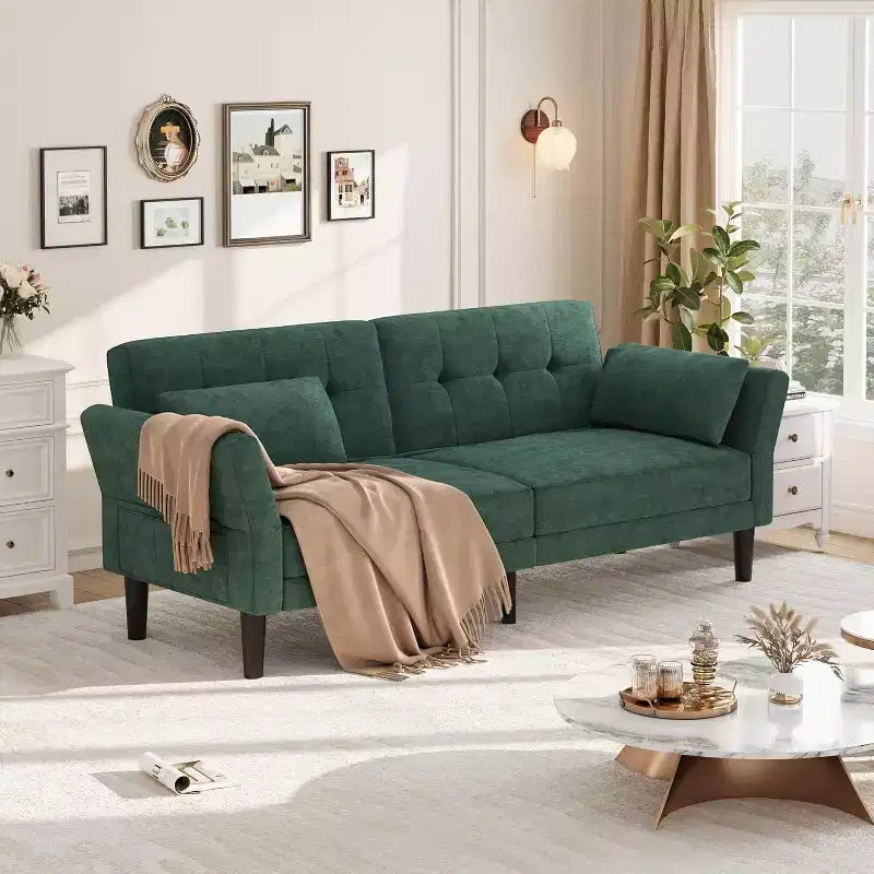 Sofá cama futón 89, sofá cama moderno con respaldo y reposabrazos ajustables, sofá cama futón convertible con 2 almohadas para la oficina en casa