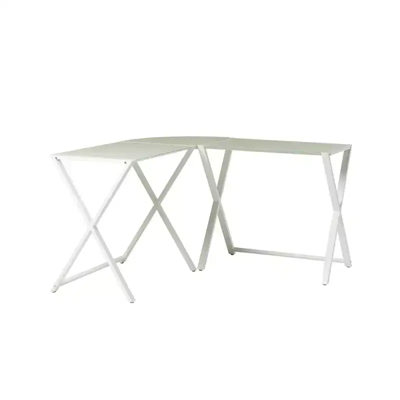 GDFStudio Biorn Escritorio para computadora moderno en forma de L de metal y vidrio templado con estructura en X