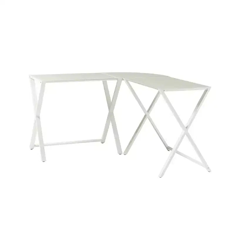 GDFStudio Biorn Escritorio para computadora moderno en forma de L de metal y vidrio templado con estructura en X