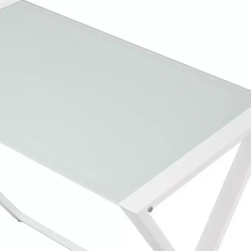 GDFStudio Biorn Escritorio para computadora moderno en forma de L de metal y vidrio templado con estructura en X