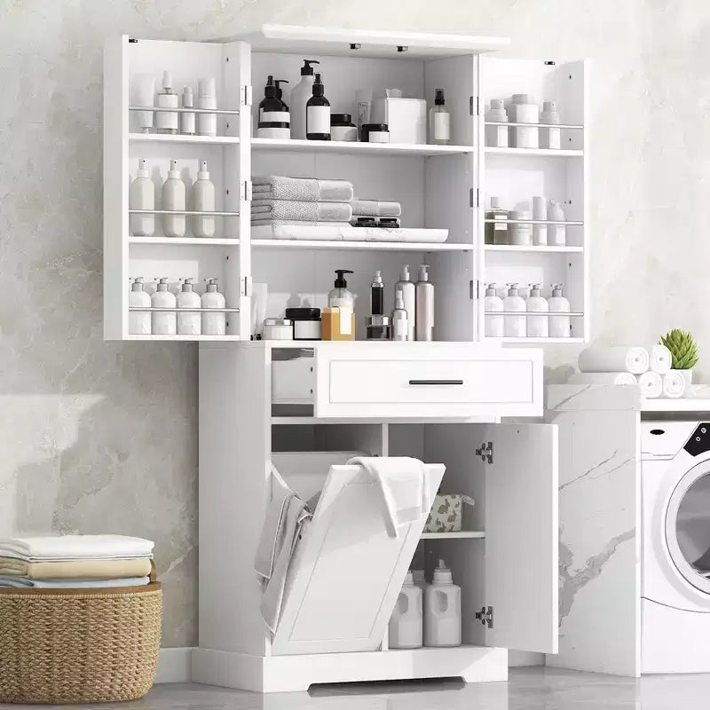 GDFStudio Josh Armario de Baño con Múltiples Compartimentos de Almacenamiento, Cesto de Ropa Inclinable y Estante Ajustable