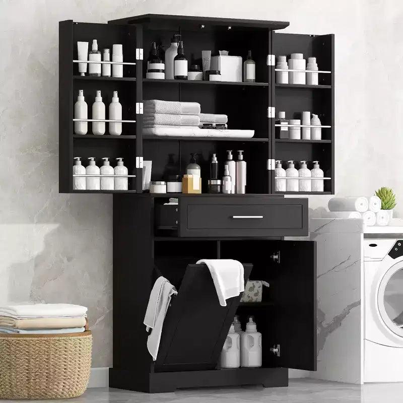 GDFStudio Josh Armario de Baño con Múltiples Compartimentos de Almacenamiento, Cesto de Ropa Inclinable y Estante Ajustable