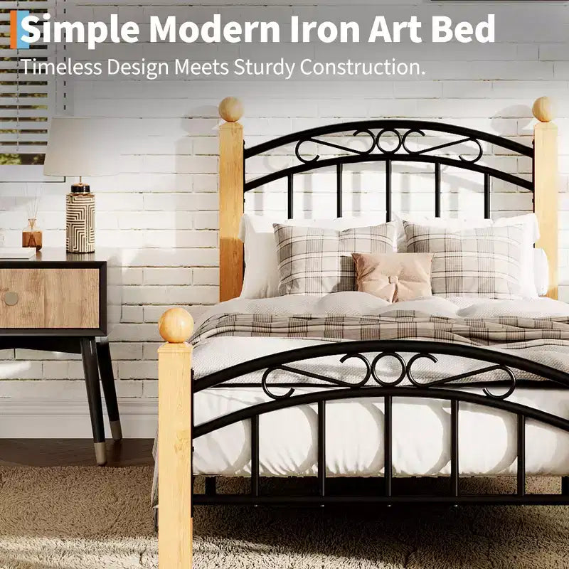 Estructura de cama metálica con cabecero y piecero, diseño de metal y sin ruido, listones de acero, no necesita somier