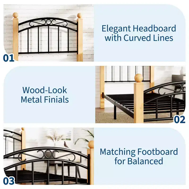 Estructura de cama metálica con cabecero y piecero, diseño de metal y sin ruido, listones de acero, no necesita somier