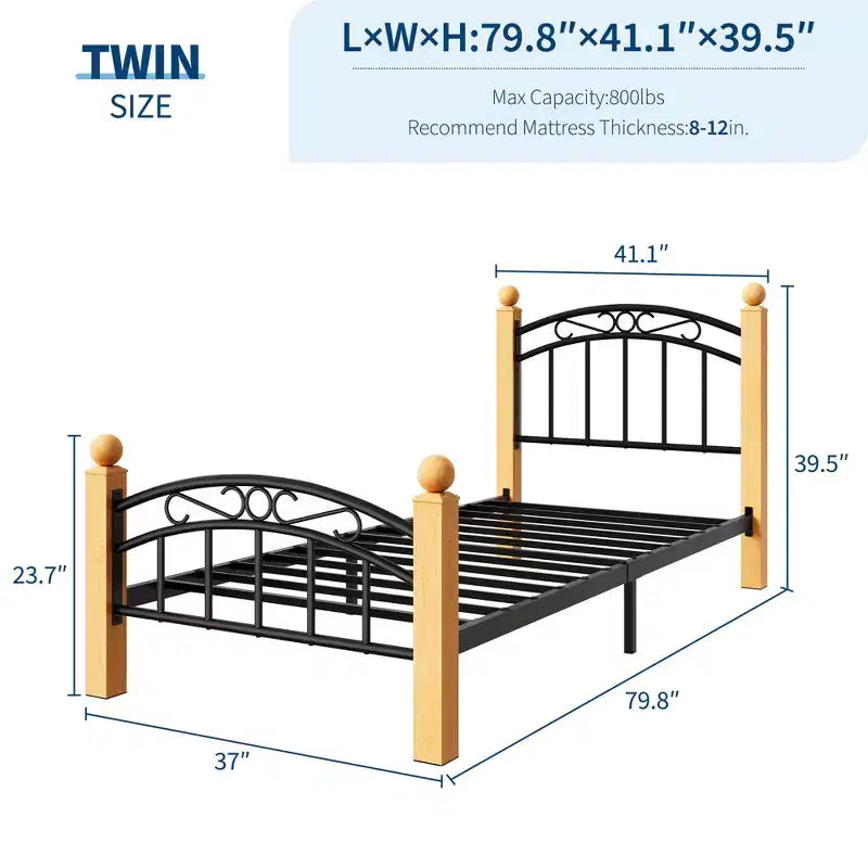 Estructura de cama metálica con cabecero y piecero, diseño de metal y sin ruido, listones de acero, no necesita somier