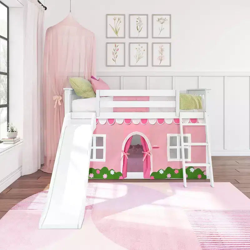 Litera doble sobre doble baja con tobogán fácil y cortina de estilo rústico en rosa claro y blanco