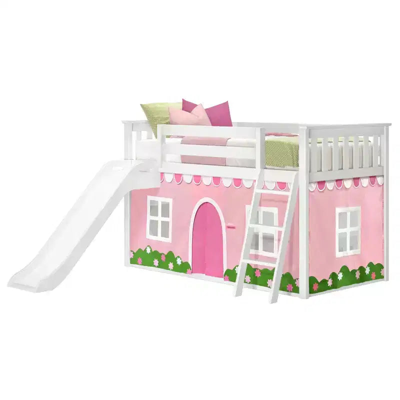 Litera doble sobre doble baja con tobogán fácil y cortina de estilo rústico en rosa claro y blanco