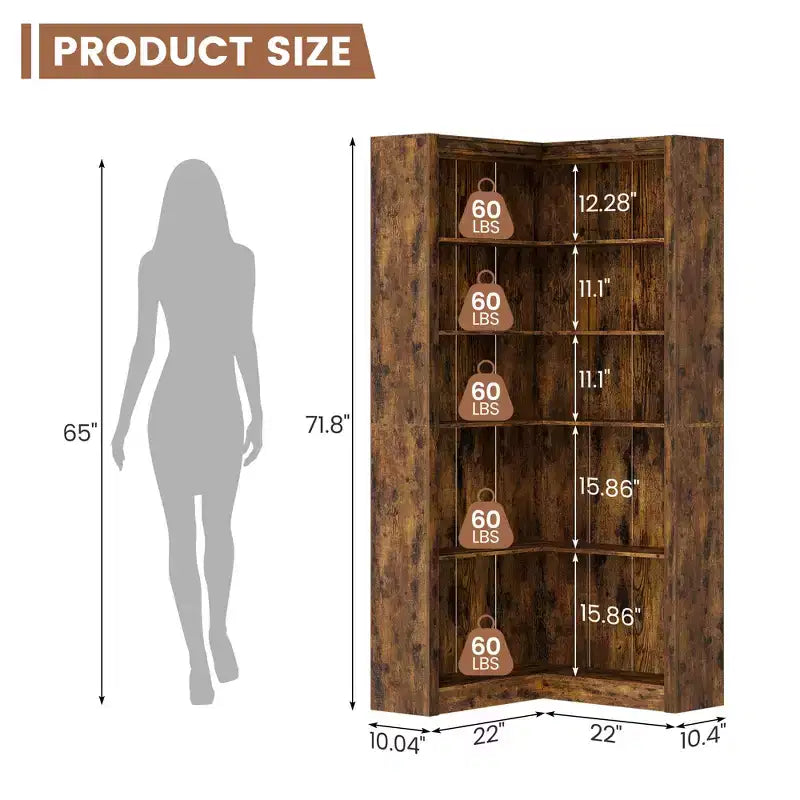 Estantería de esquina estilo rústico, estantería alta en forma de L de 182 cm, estantería esquinera, estantes de almacenamiento y exhibición de madera de estilo industrial moderno