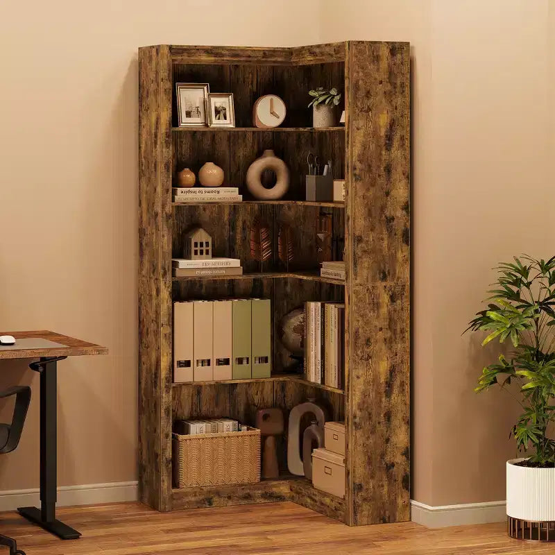 Estantería de esquina estilo rústico, estantería alta en forma de L de 182 cm, estantería esquinera, estantes de almacenamiento y exhibición de madera de estilo industrial moderno
