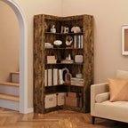 Estantería de esquina estilo rústico, estantería alta en forma de L de 182 cm, estantería esquinera, estantes de almacenamiento y exhibición de madera de estilo industrial moderno