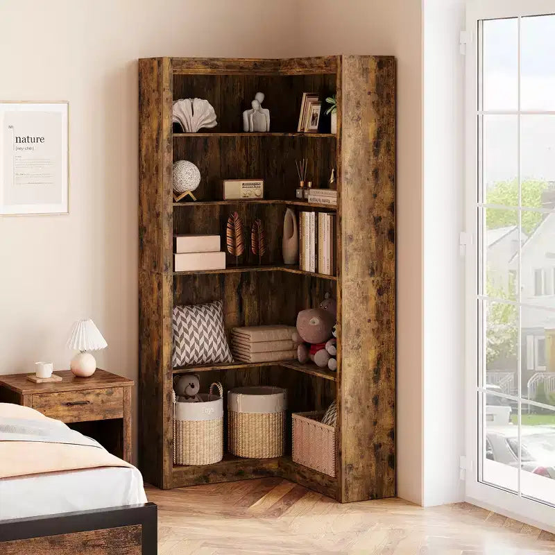 Estantería de esquina estilo rústico, estantería alta en forma de L de 182 cm, estantería esquinera, estantes de almacenamiento y exhibición de madera de estilo industrial moderno