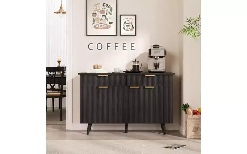 Aparador Gabinete Buffet GustoWave 47 con Almacenamiento, Gabinete Grande para Barra de Café con 3 Puertas Estriadas y 2 Cajones, Estantes Ajustables, Acabado Negro