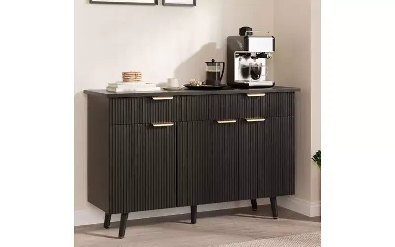 Aparador Gabinete Buffet GustoWave 47 con Almacenamiento, Gabinete Grande para Barra de Café con 3 Puertas Estriadas y 2 Cajones, Estantes Ajustables, Acabado Negro